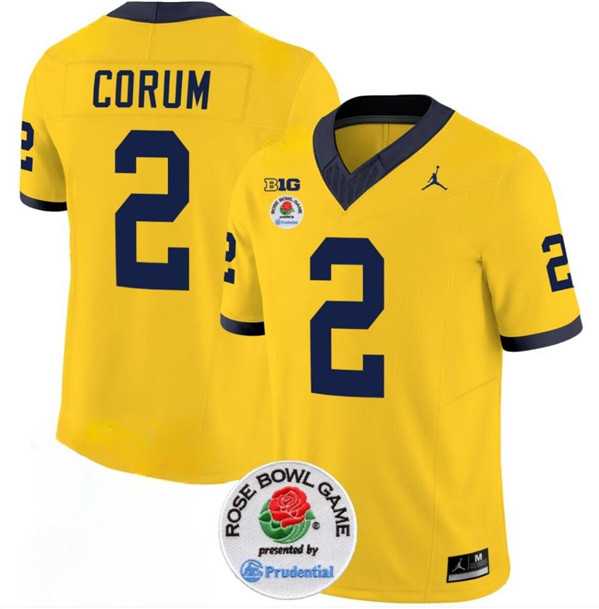 Mens Michigan Wolverines #2 Blake Corum 2023 F.U.S.E. Yellow Rose Bowl Patch Stitched Jersey Dzhi